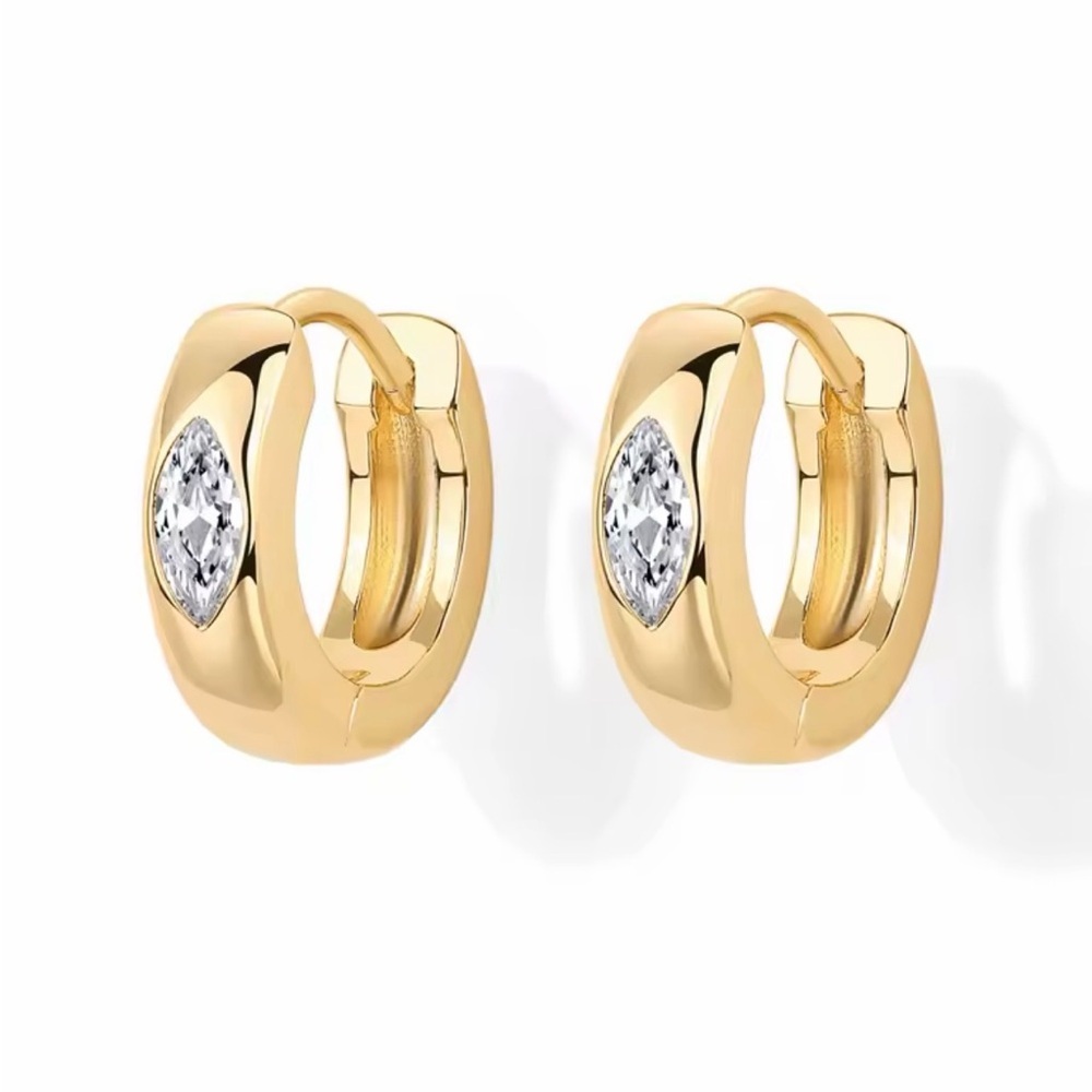 14K Gold Plated Hoop Huggie Earrings with Marquise Accent - Women Jewelry